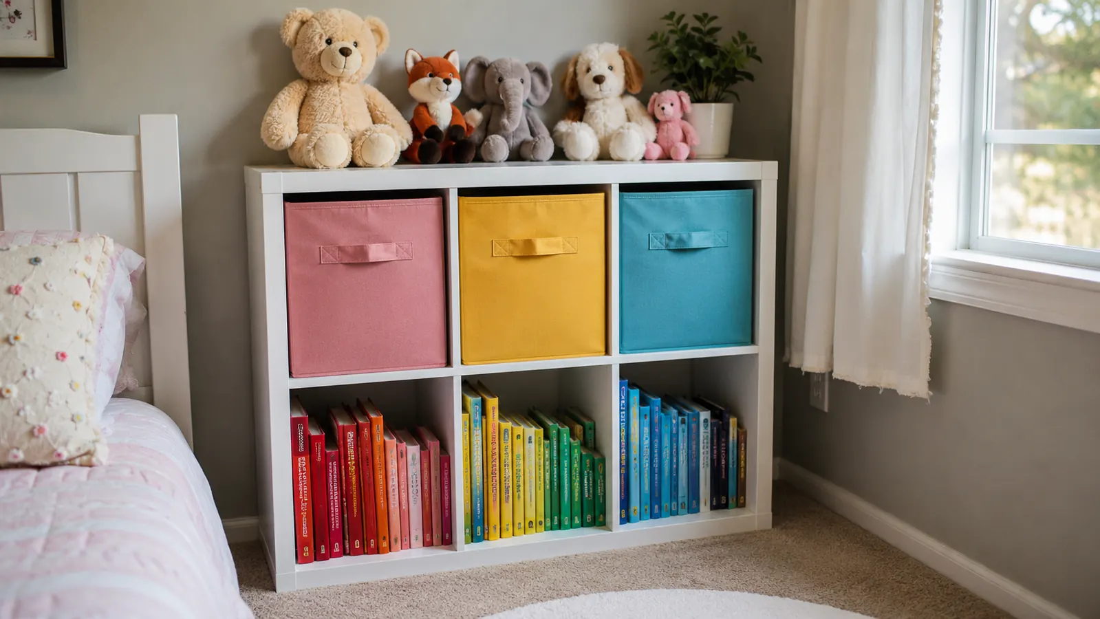 Cube shelf unit in a child's bedroom storing folded clothes, toy bins, and books
