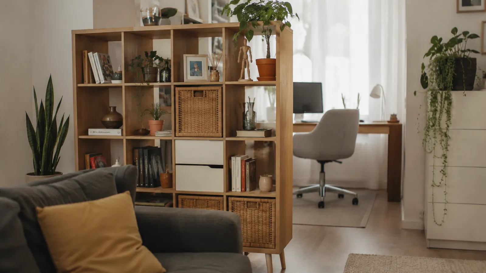 SONGMICS 6-cube modular shelf styled as a room divider in a light-filled home office with plants and books