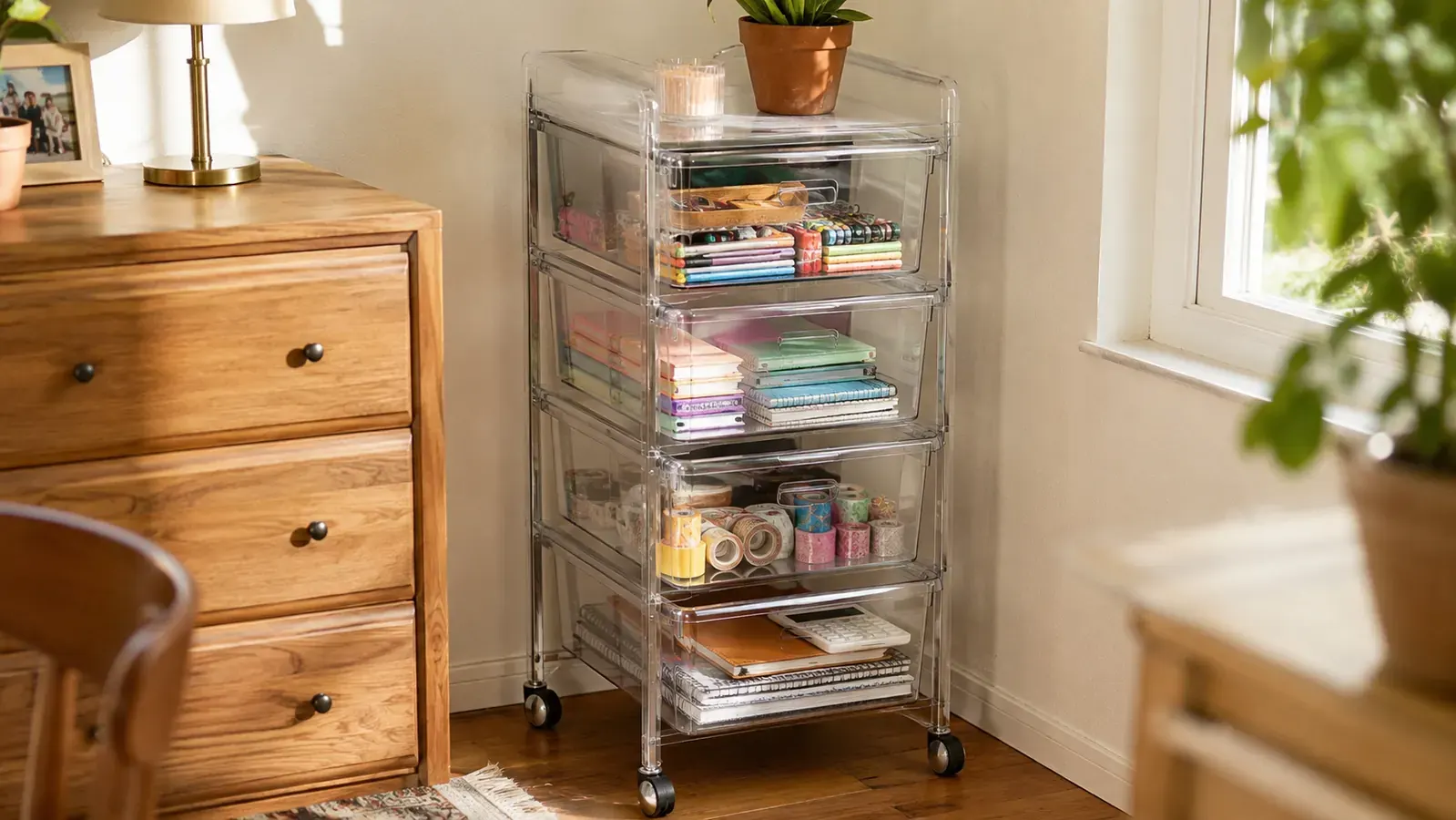 HOMZ 4-tier clear drawer cart positioned in a bright home with organized supplies visible through the transparent drawers