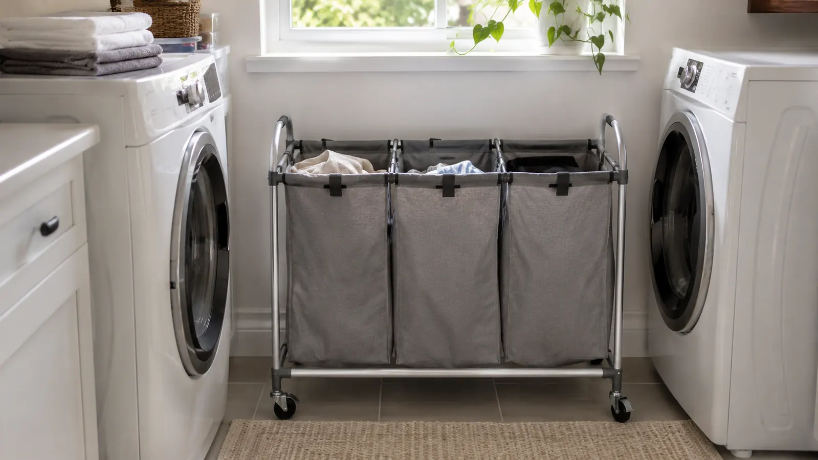 A silver 3-bag rolling laundry sorter cart sitting in a bright, tidy laundry room next to a washer and dryer