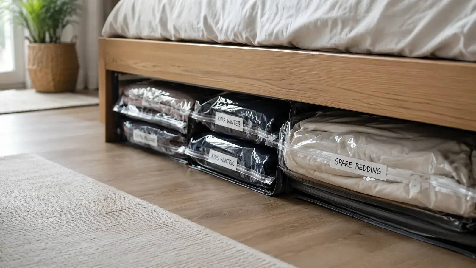 Vacuum storage bags tucked under a bed in labeled clear bags organized by category