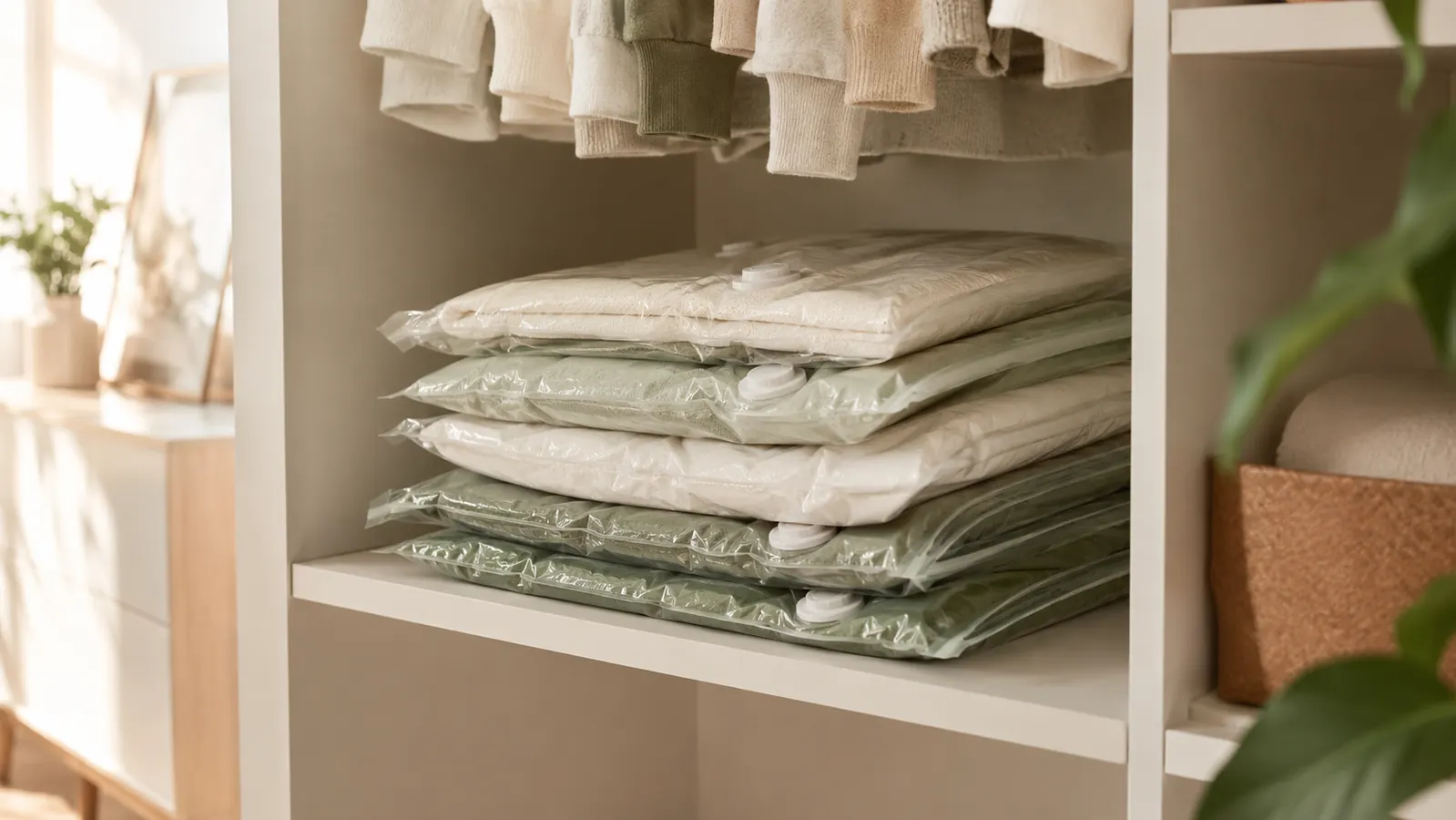 Neatly rolled and vacuum-compressed bags stacked on a closet shelf with extra space visible