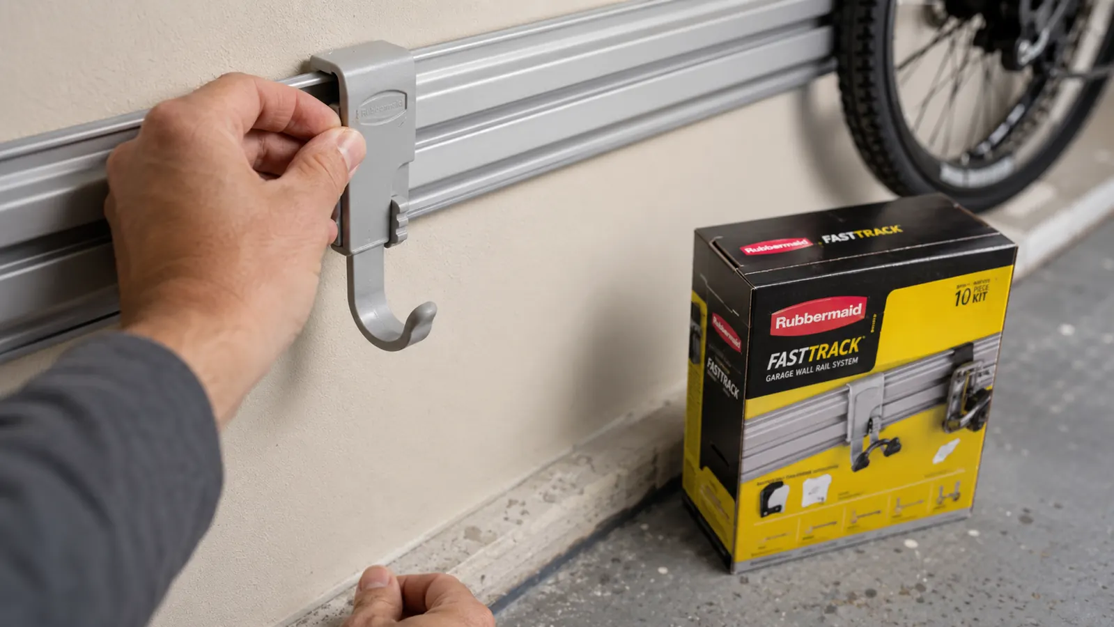 Hand clipping a FastTrack hook onto a wall-mounted garage storage rail