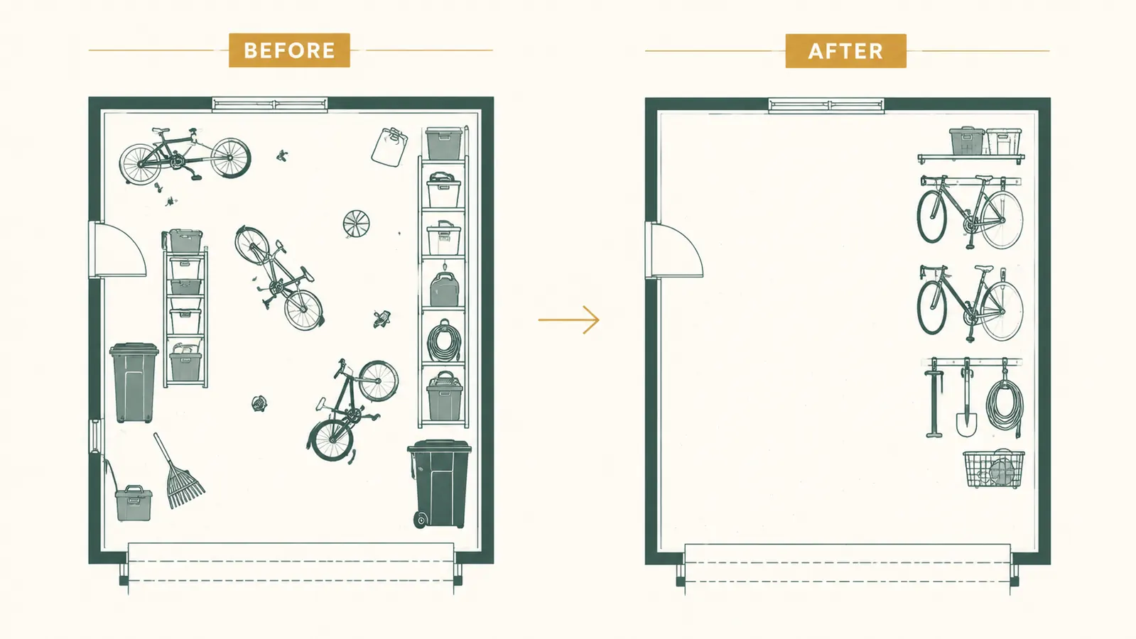 Garage floor comparison split: cluttered side versus clear side with storage on wall