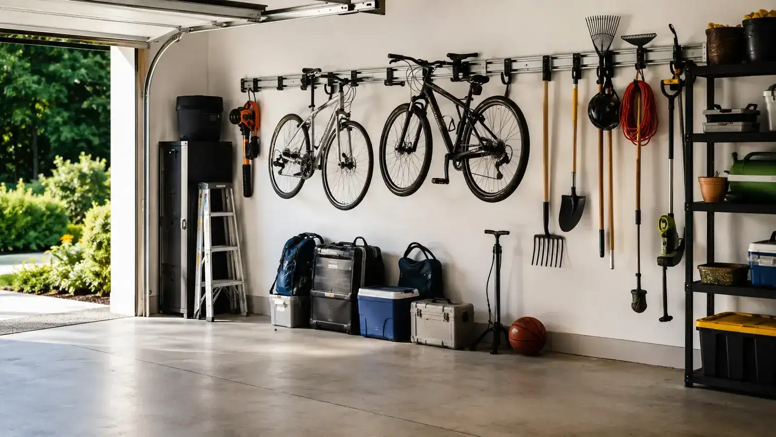 Organized garage wall with bikes, garden tools, and sports equipment hung neatly on a rail storage system