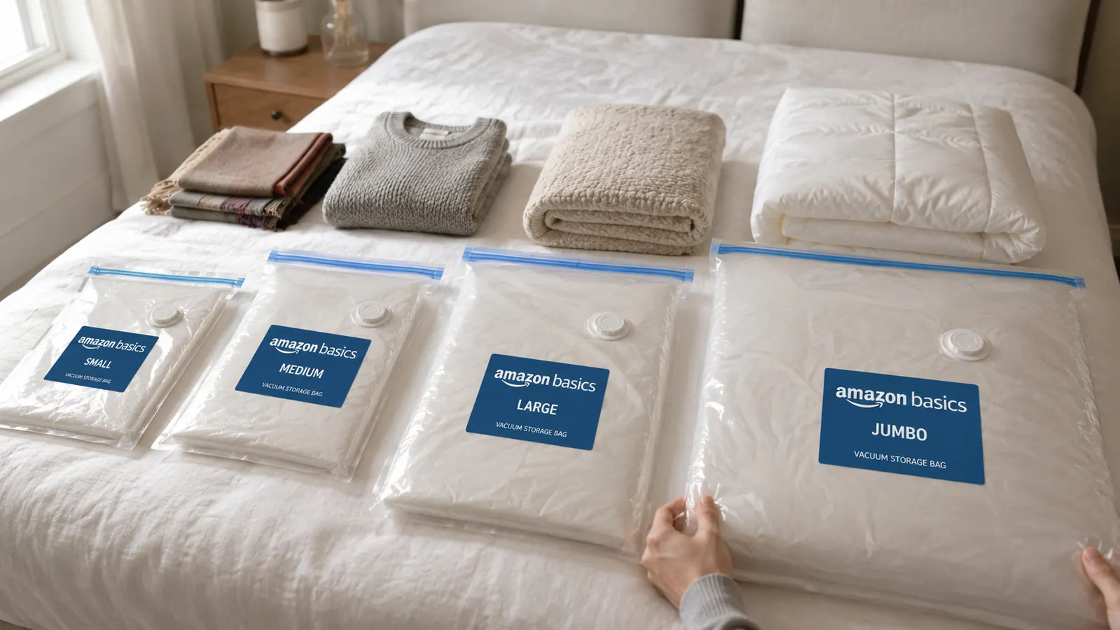 Vacuum storage bags in four different sizes laid out on a bed with items next to them to show scale