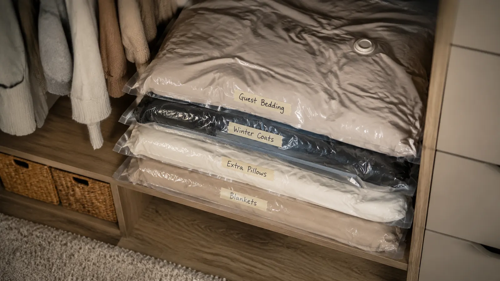 Organized closet shelf with compressed vacuum bags stacked and labeled with masking tape tags