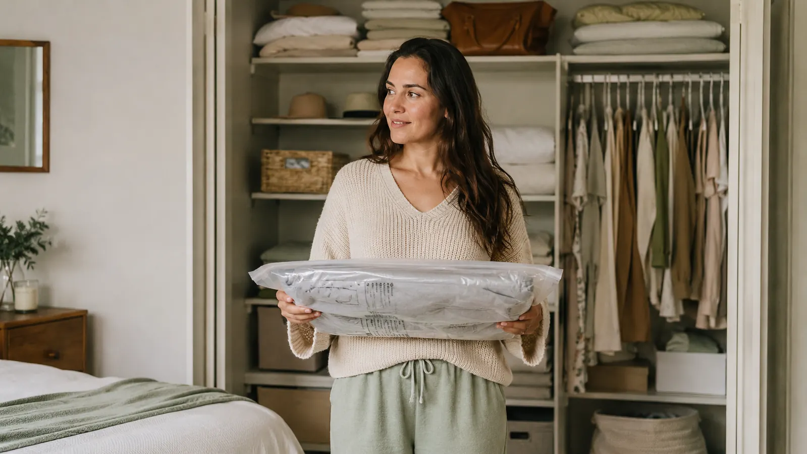 Hand holding a compressed vacuum storage bag in front of an open bedroom closet with neatly organized shelves