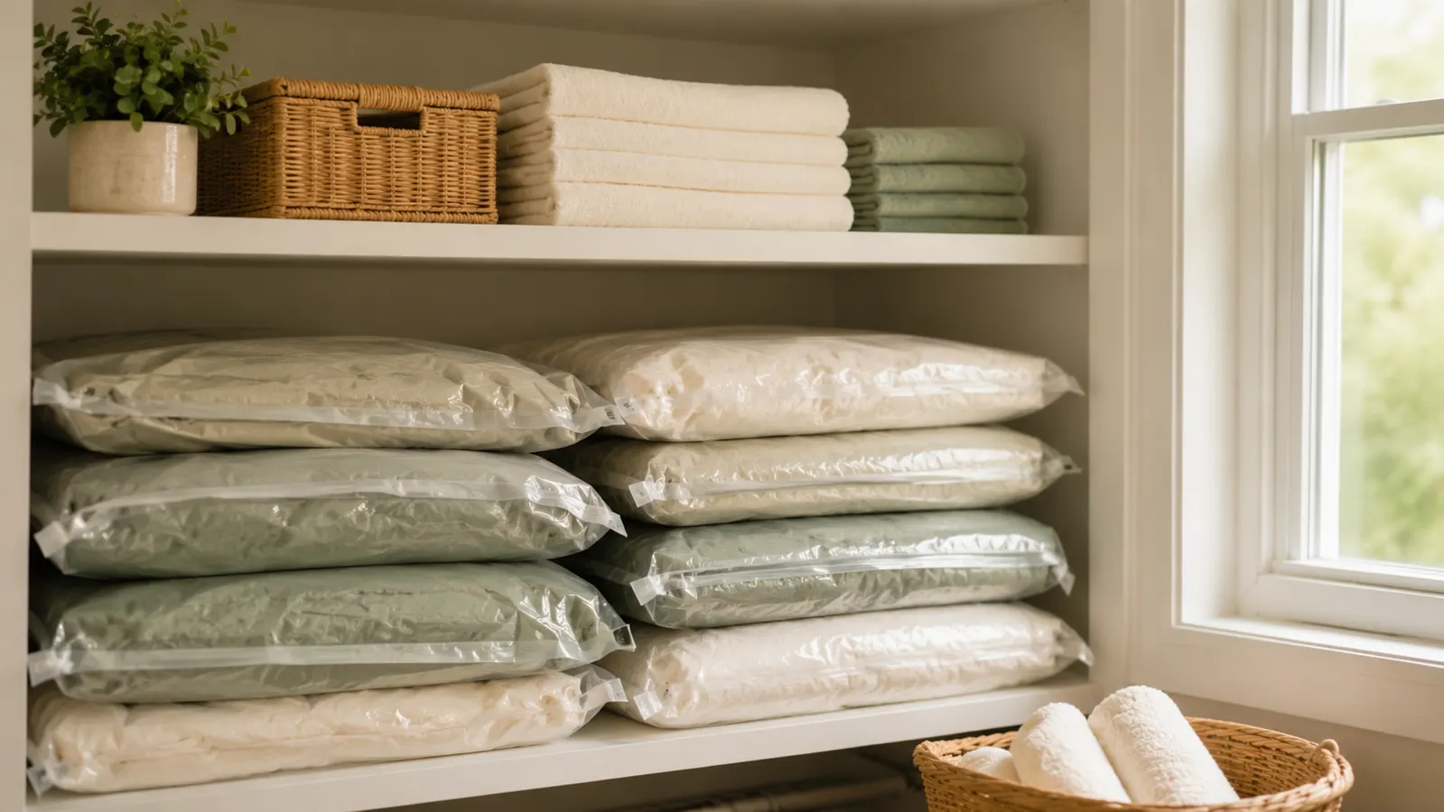 Neatly compressed vacuum storage bags stacked on a closet shelf, showing reduced bulk of winter bedding