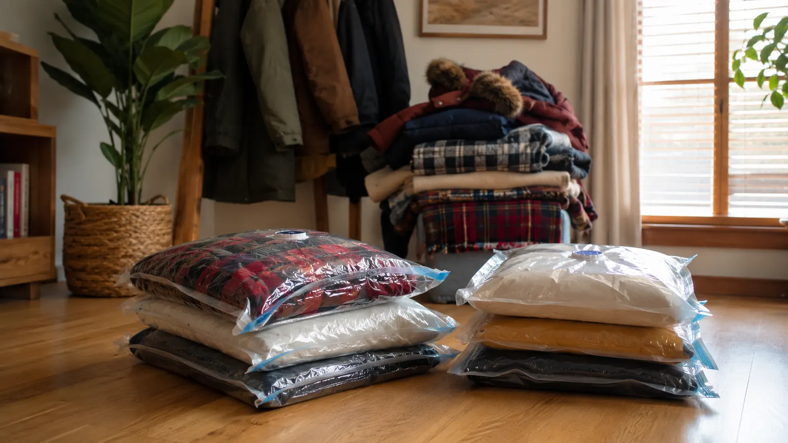 Two sets of vacuum storage bags laid flat on a wooden floor next to a pile of folded winter coats and blankets