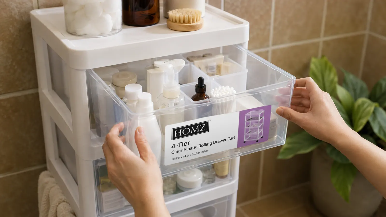 Close-up of clear plastic drawers on a rolling cart filled with sorted bathroom supplies, toiletries visible through the transparent fronts