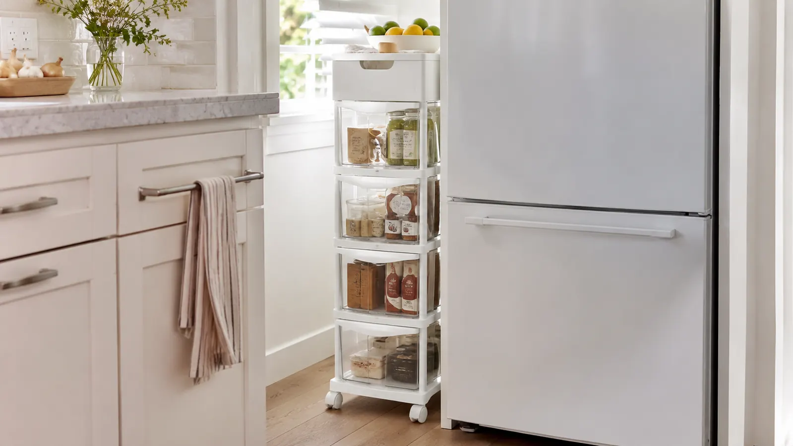 A tidy kitchen corner with a four-tier rolling cart holding cooking oils, utensils, and small appliances, warm morning light through a window