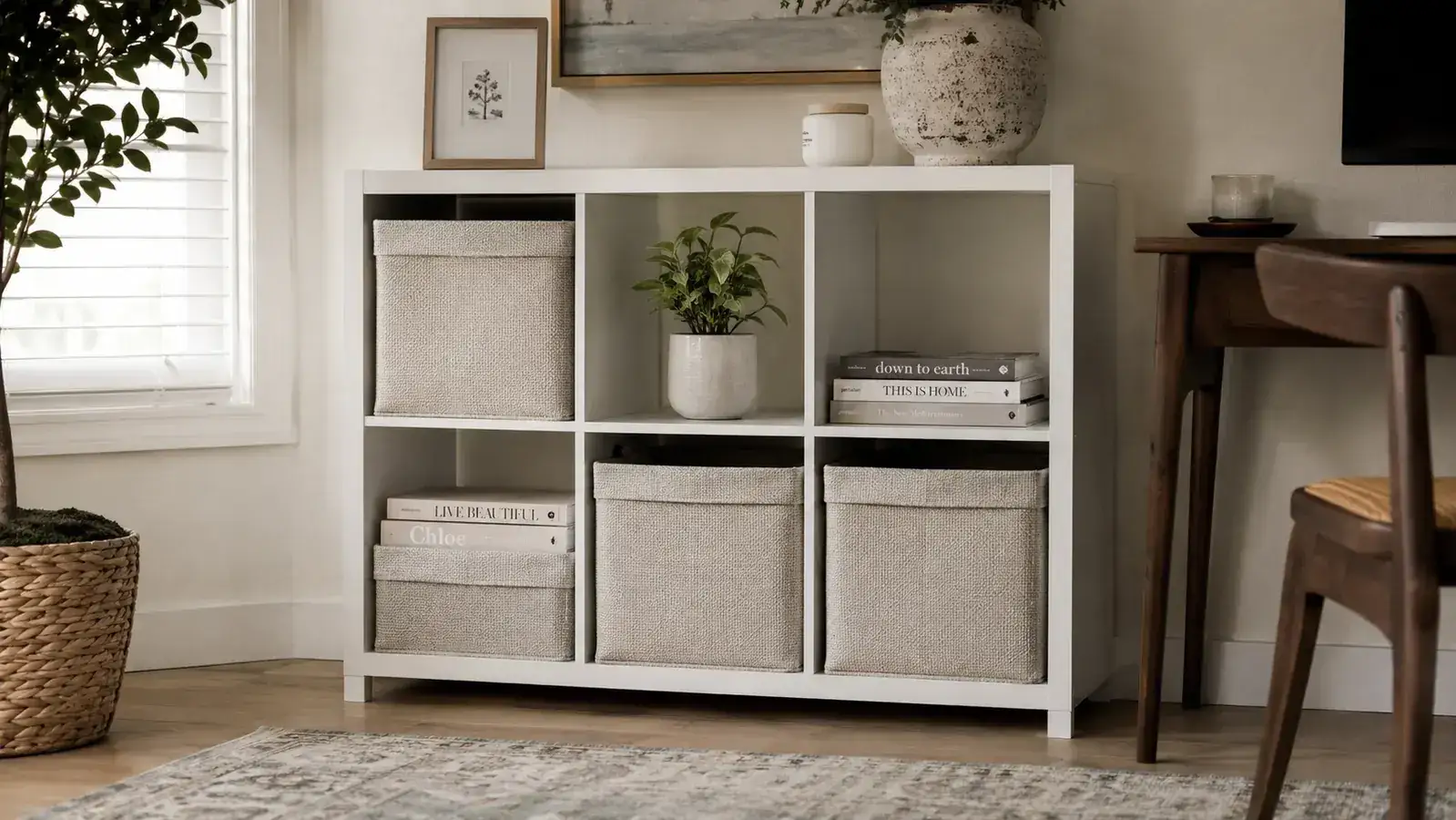 A finished 6-cube shelf against a wall with books, a small plant, and woven baskets filling the cubes