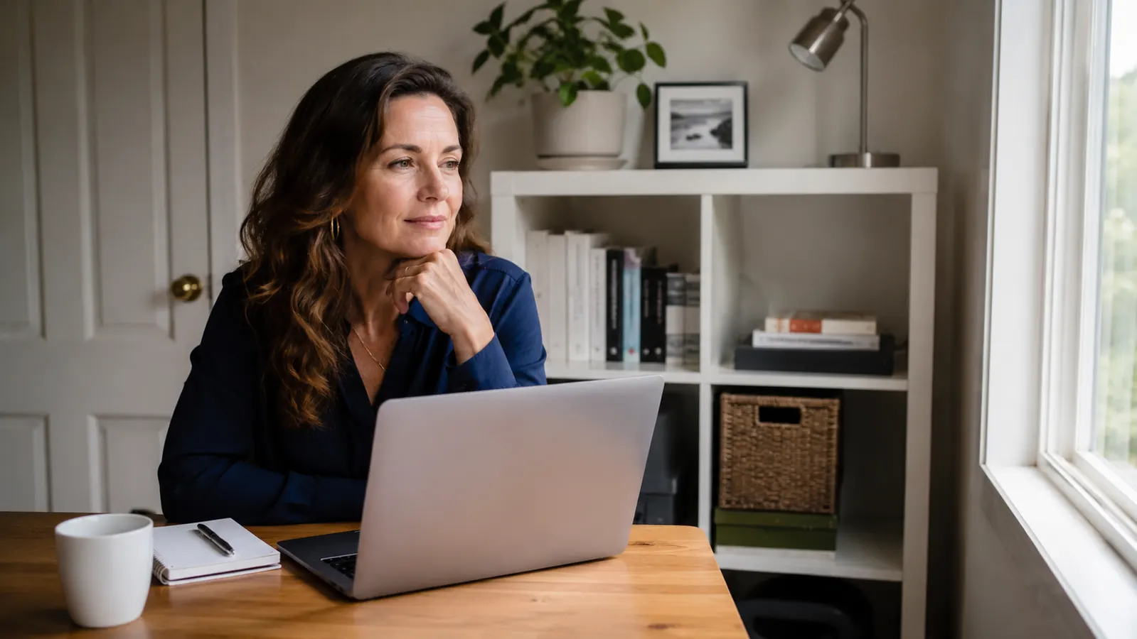 A woman sitting at a small desk next to a cube shelf, working on a laptop in a calm organized room