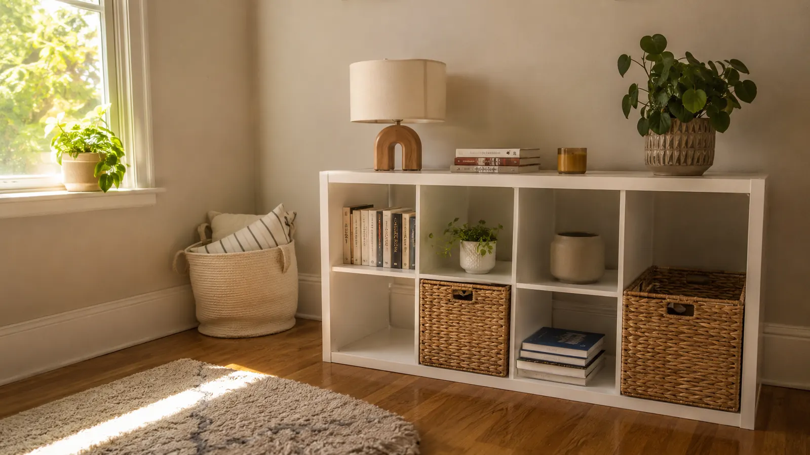 A spare room transformed from cluttered chaos into a tidy organized space with cube shelving and baskets