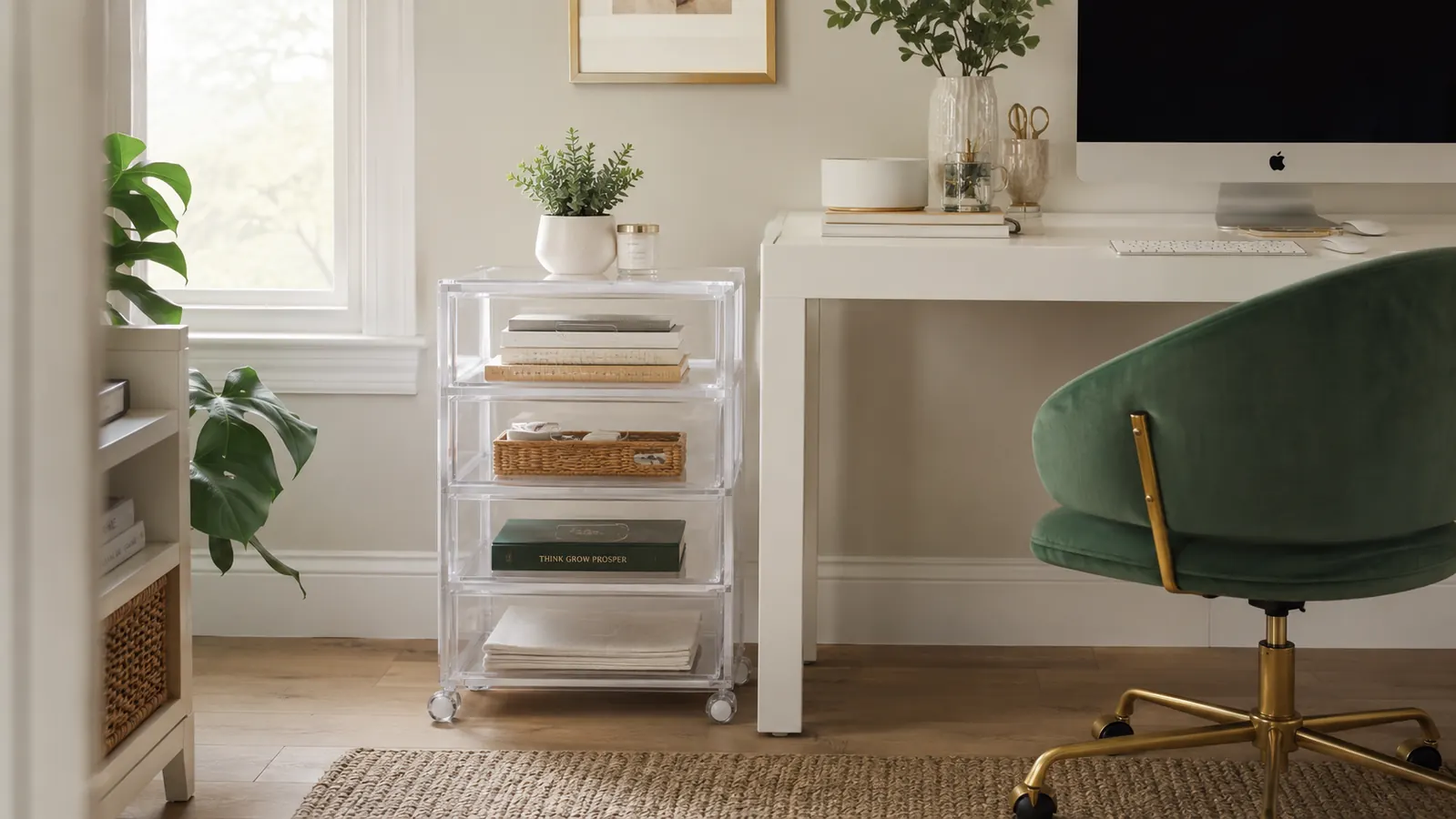 HOMZ 4-tier clear plastic rolling drawer cart positioned in a sunlit home office corner beside a white desk, drawer labels visible, a potted succulent on top