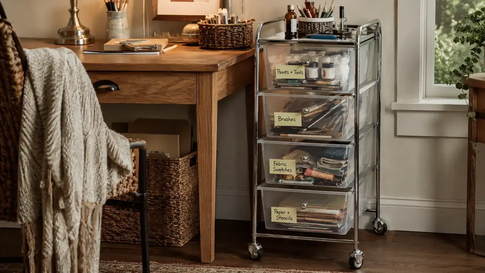 HOMZ rolling cart moved into a craft room corner, drawers labeled with handwritten tags and filled with art supplies, small desk lamp visible in the background