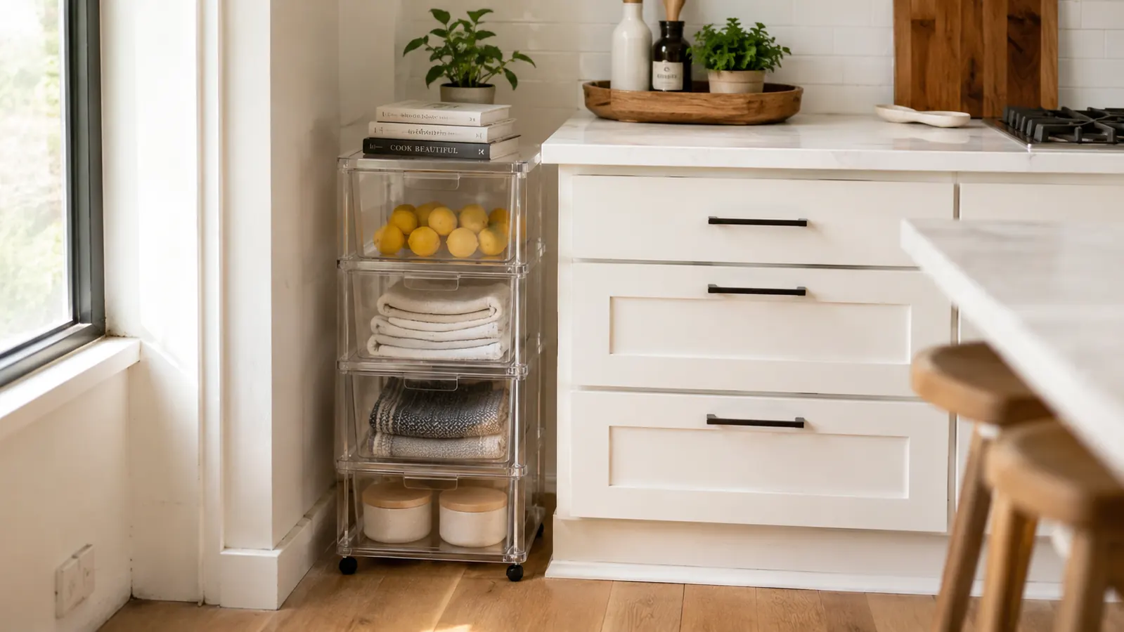 HOMZ 4-tier clear plastic rolling drawer cart positioned in a bright kitchen corner next to a countertop, drawers partially open showing organized contents