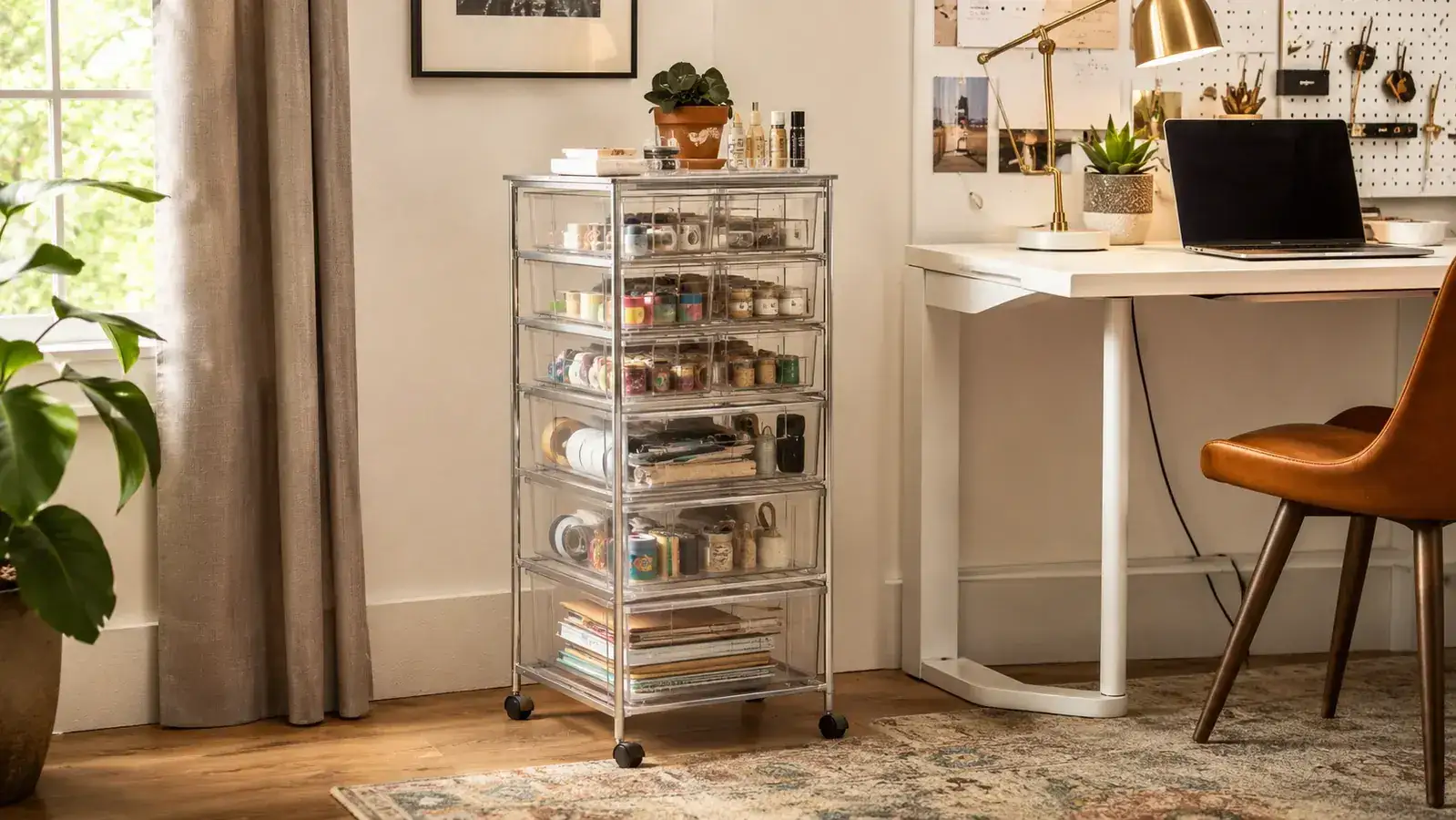 HOMZ 4-tier rolling drawer cart in a bright home office beside a desk, drawers slightly open showing organized supplies