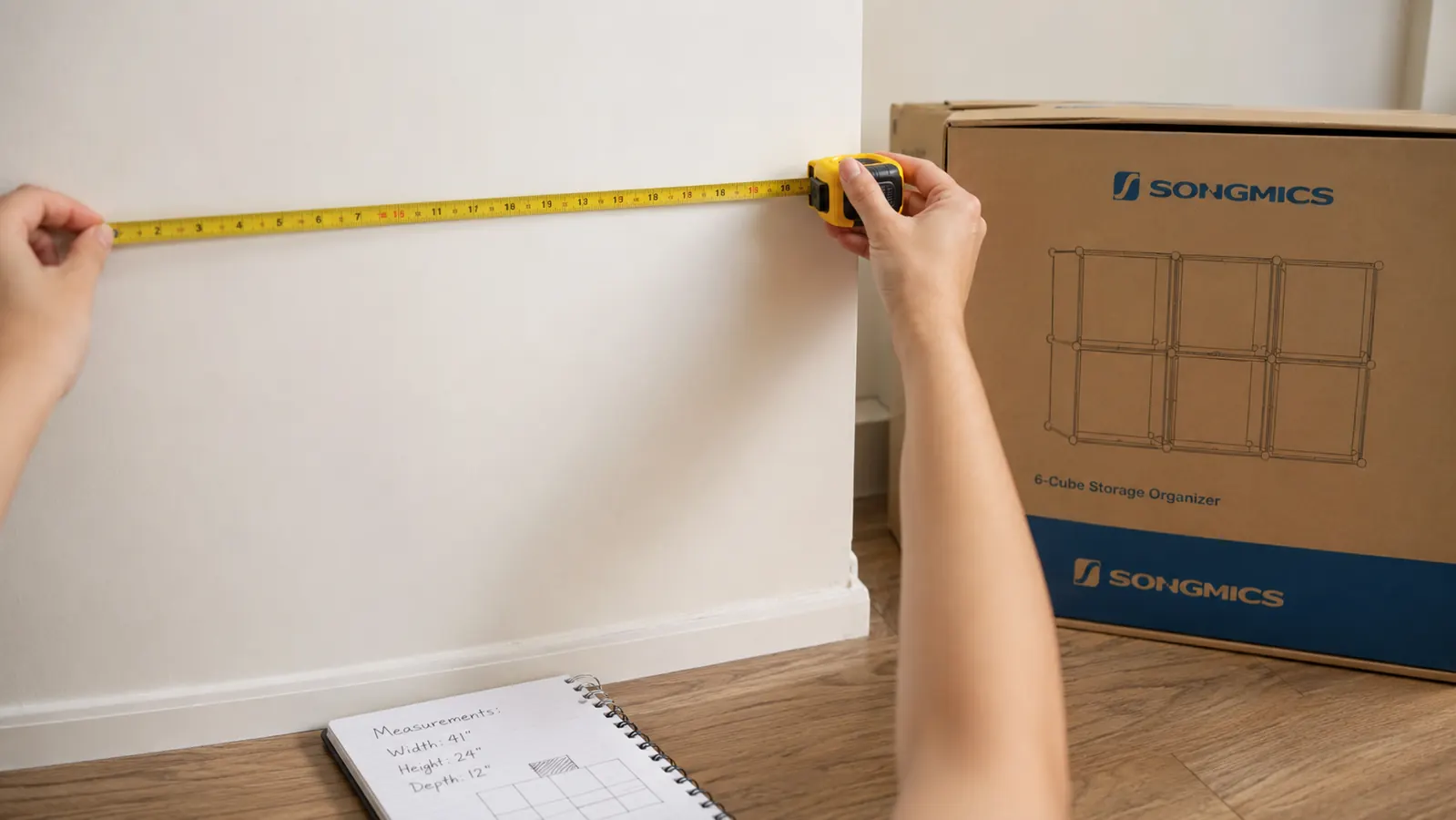 Person measuring a blank wall with a tape measure before installing a cube storage unit