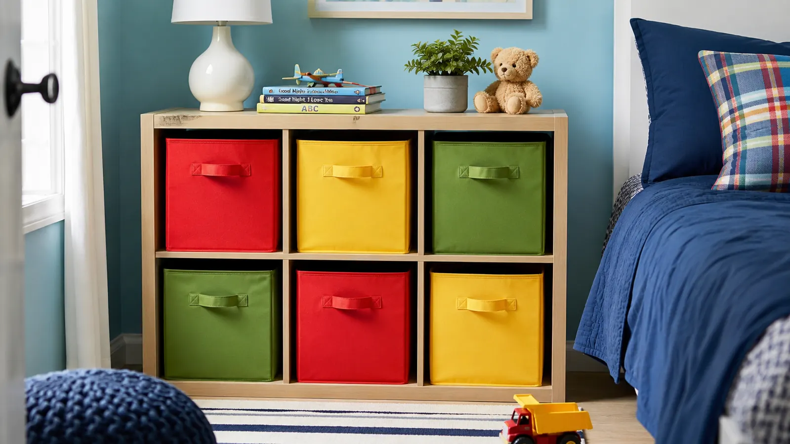 Finished cube shelf in a kids bedroom with colorful fabric bins in each cube and a small lamp on top