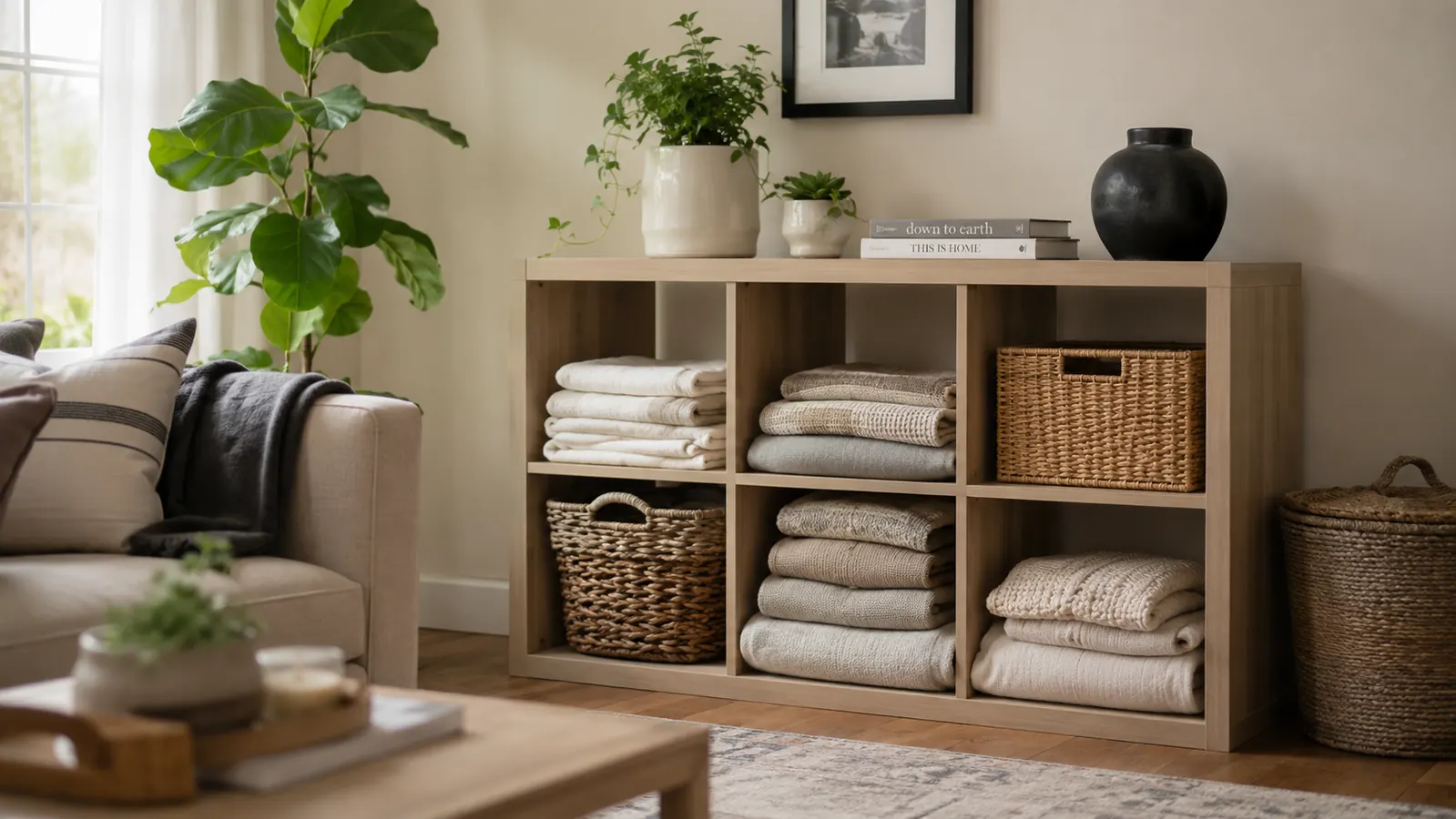 Organized living room wall with a six-cube modular storage unit holding books, baskets, and small plants in warm afternoon light