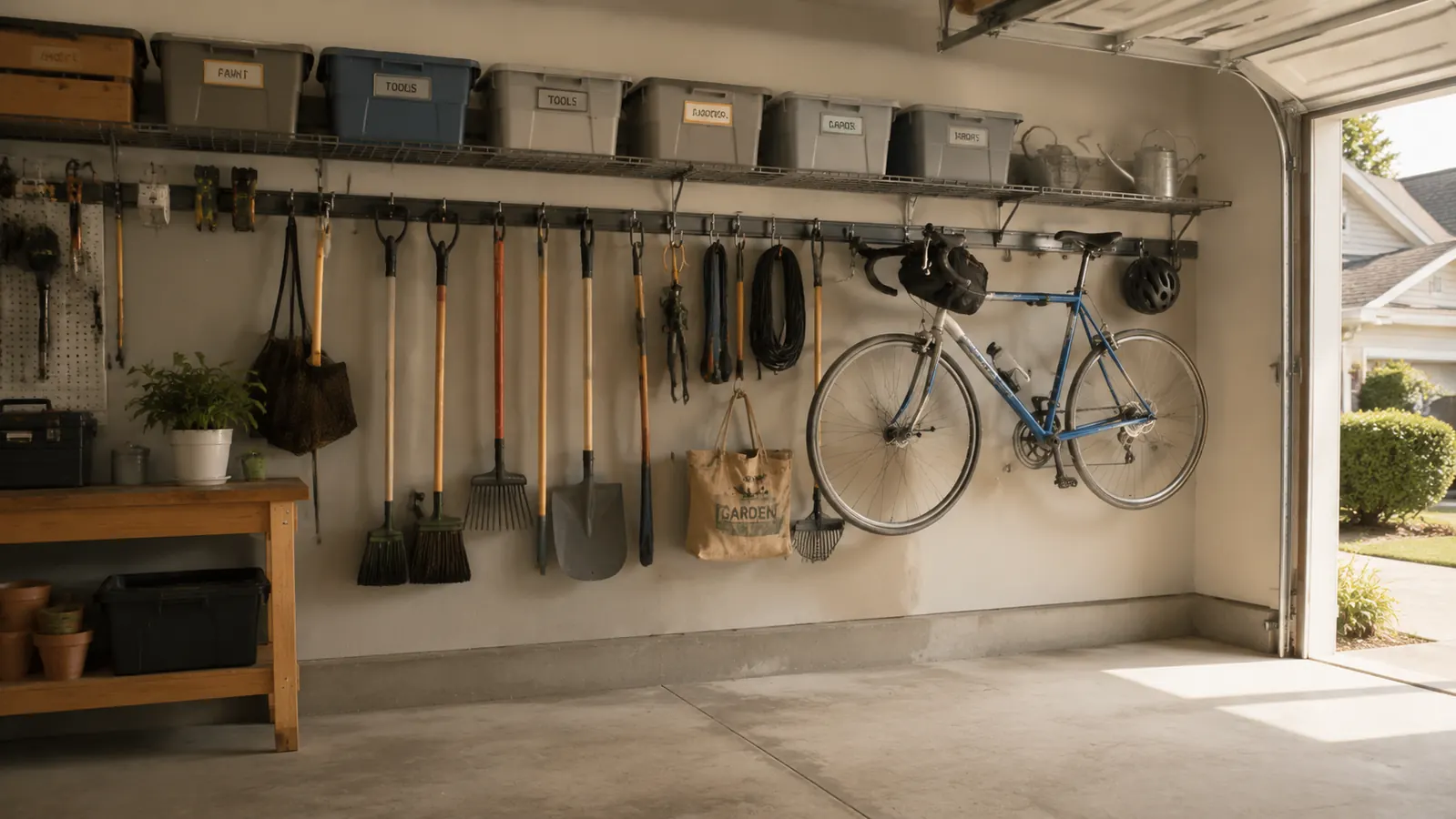 Organized garage wall with rail system holding tools, bikes, and garden equipment
