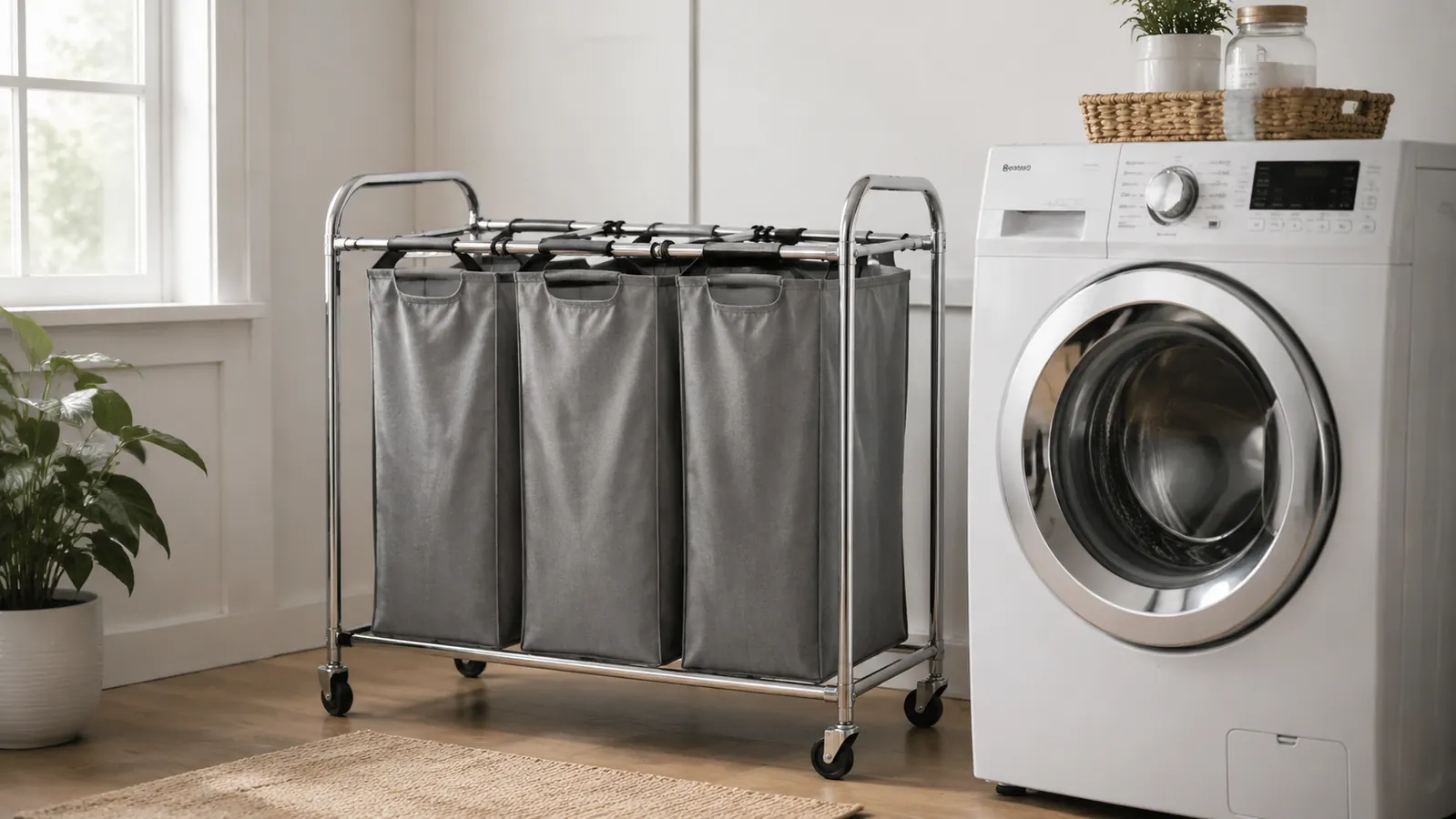 Bright laundry room with a silver 3-bag rolling laundry sorter cart near the washer, morning light through a window