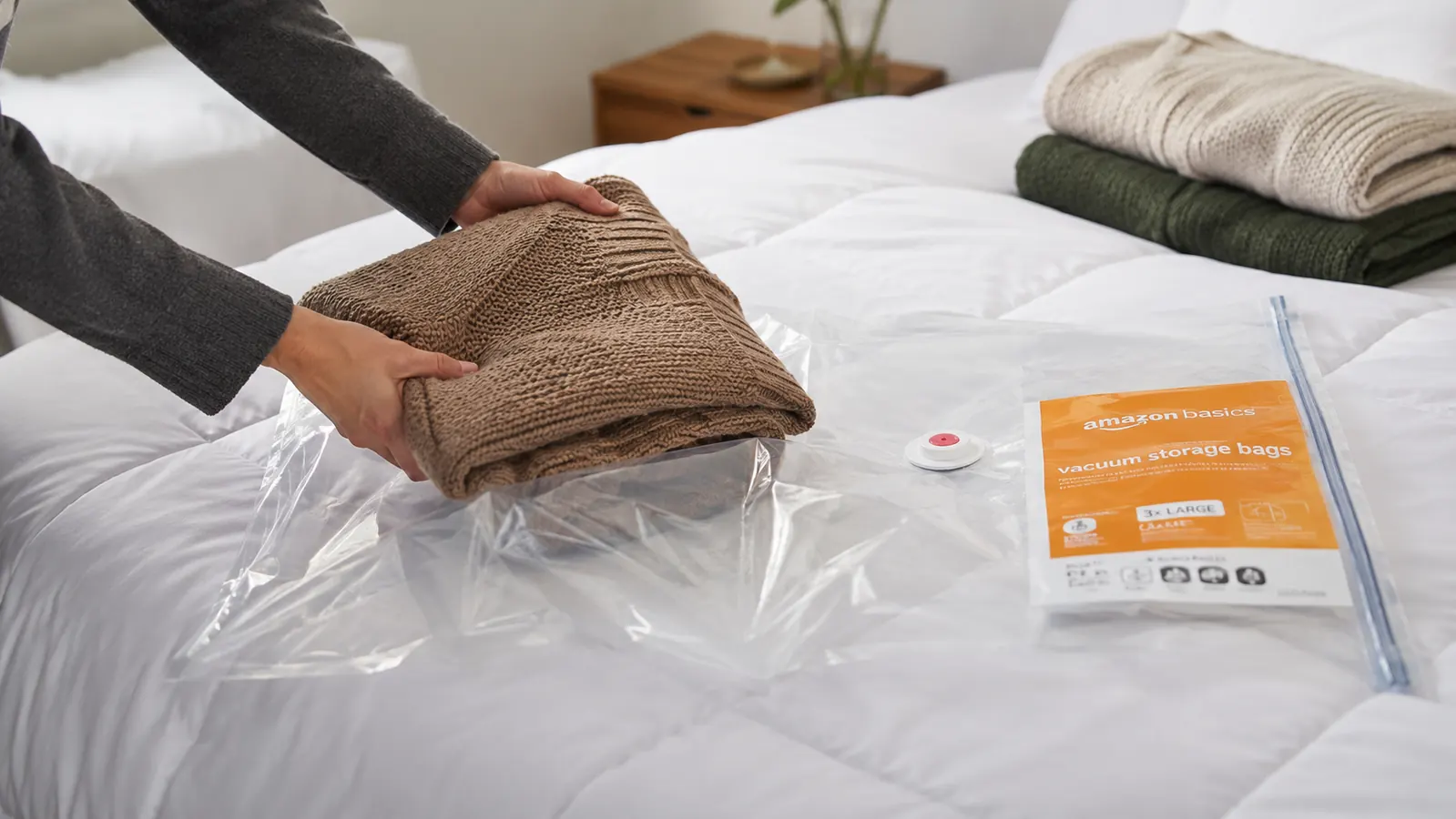 Hands loading folded winter sweaters into an open vacuum storage bag on a bed