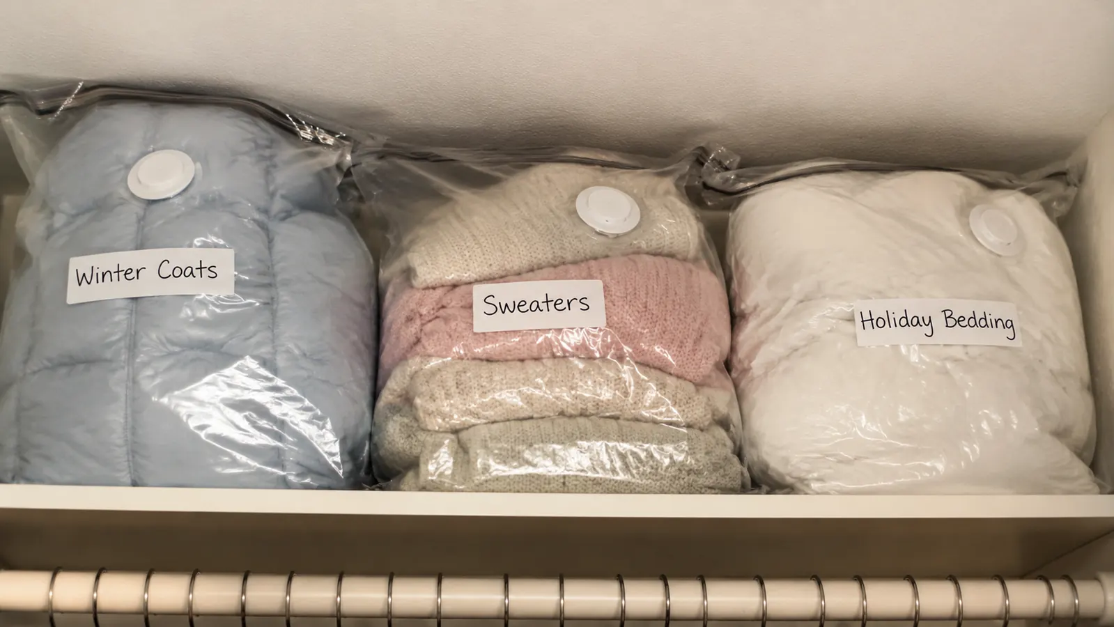 Labeled vacuum bags organized by category on a high closet shelf