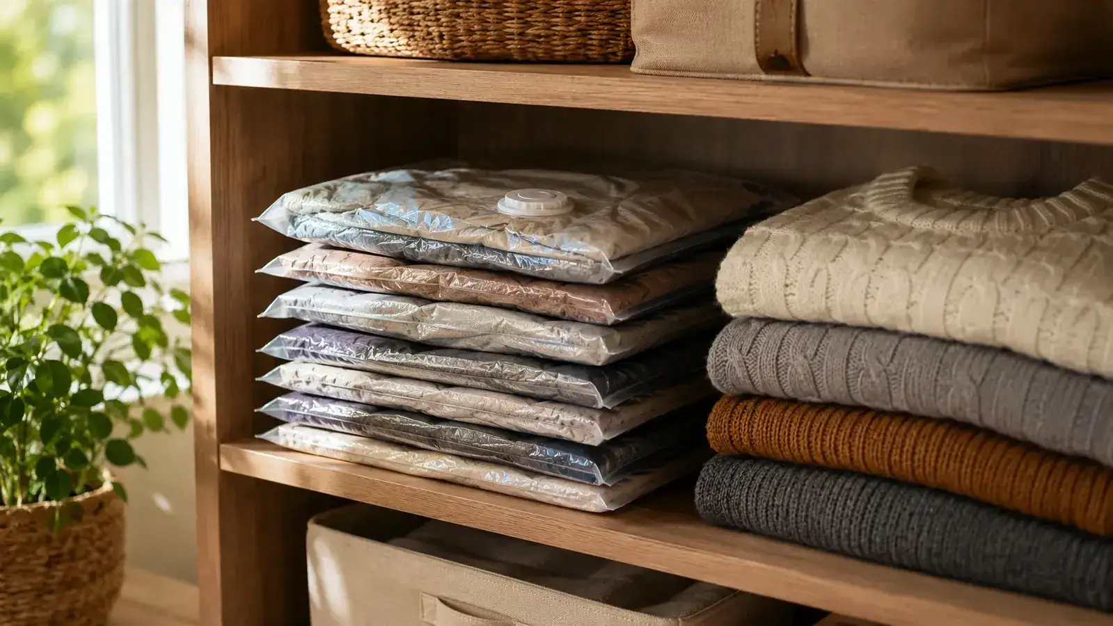 Neatly compressed vacuum storage bags stacked on a closet shelf beside folded seasonal sweaters