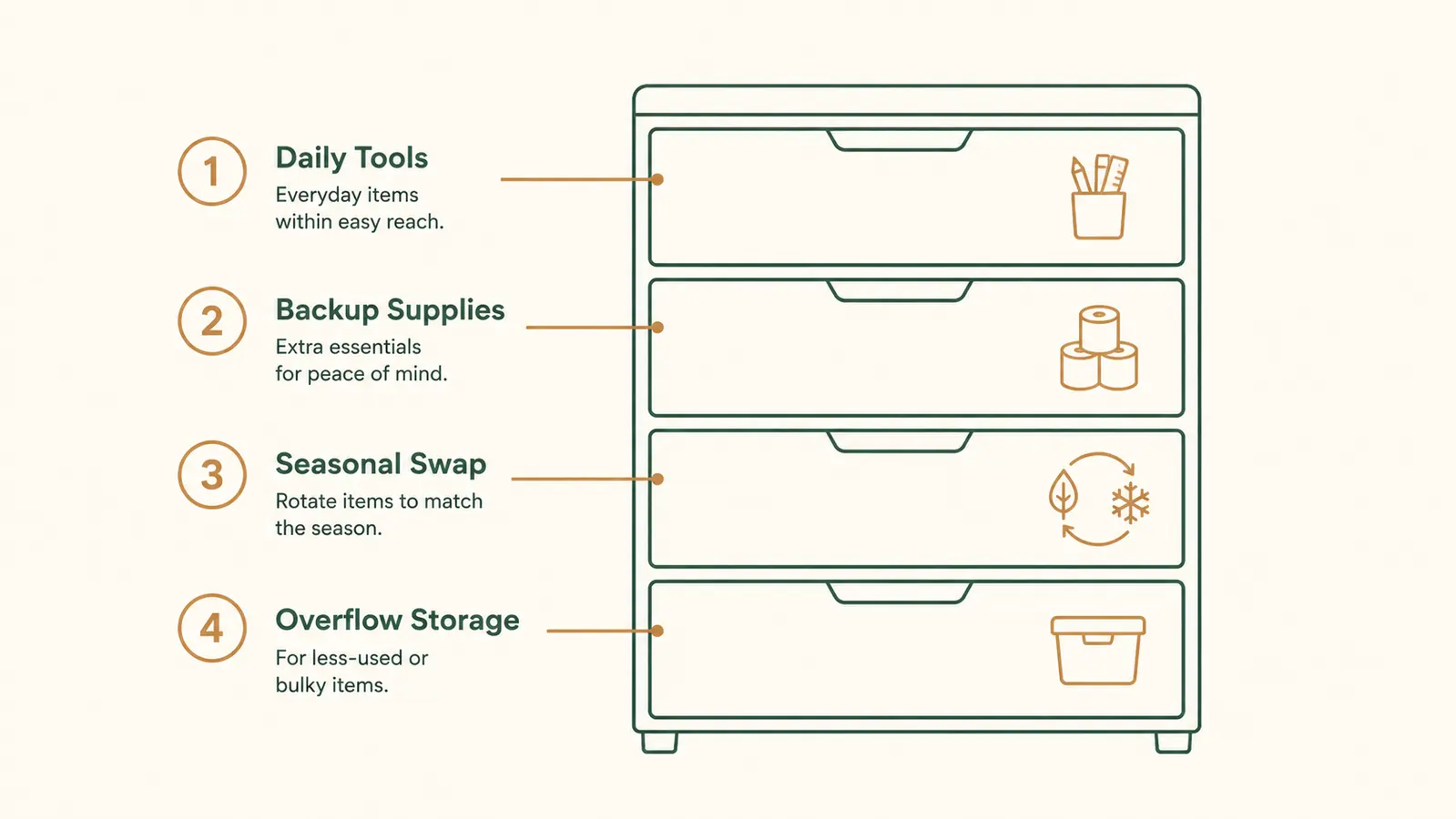 A diagram showing four labeled drawer zones: daily tools, backup supplies, seasonal items, and overflow