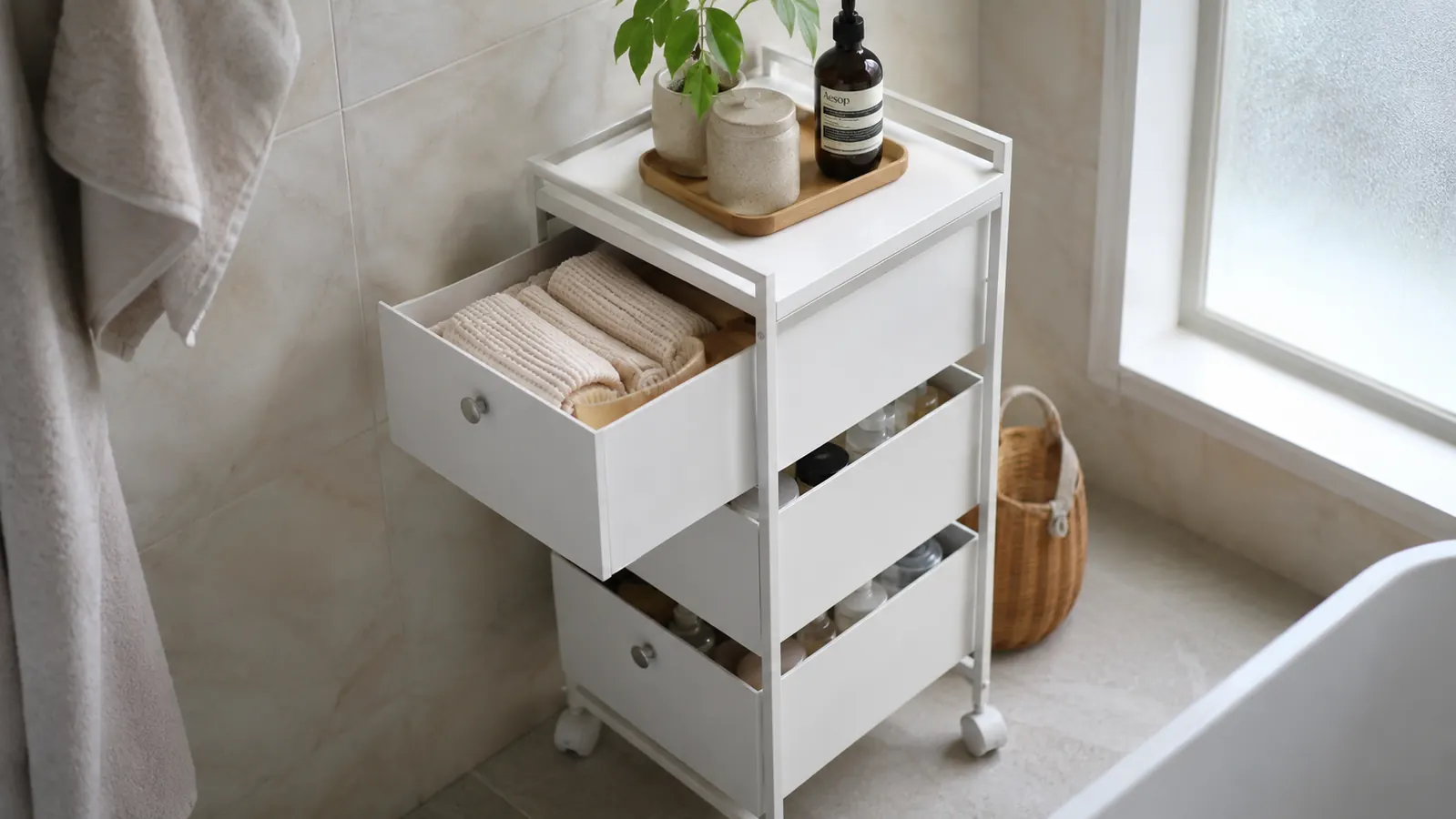 A rolling cart positioned in a bathroom corner holding neatly folded hand towels and toiletry bottles