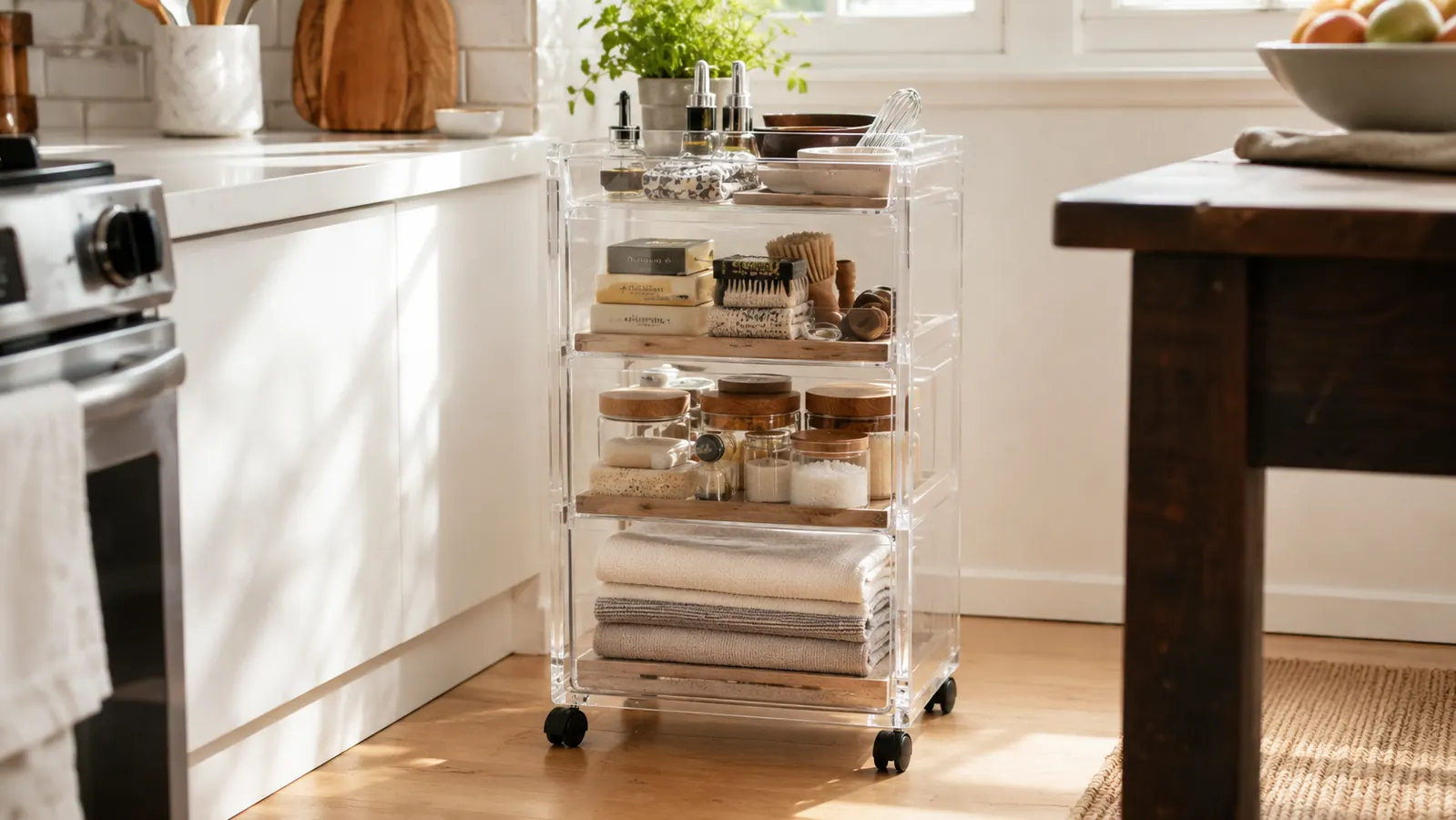 A four-tier clear plastic rolling cart with drawers standing in a bright kitchen corner next to white cabinets
