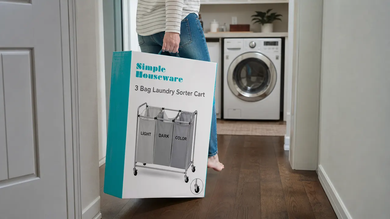 Rolling laundry cart being wheeled from laundry room to washing machine