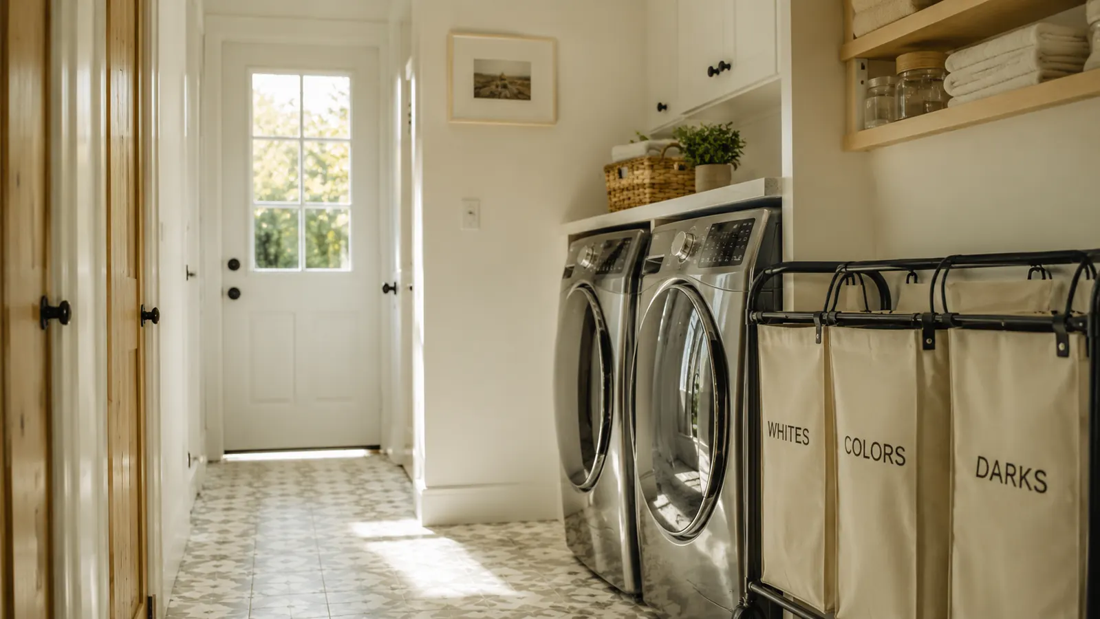 Bright laundry room with organized sorting cart, folded towels, and clean floor