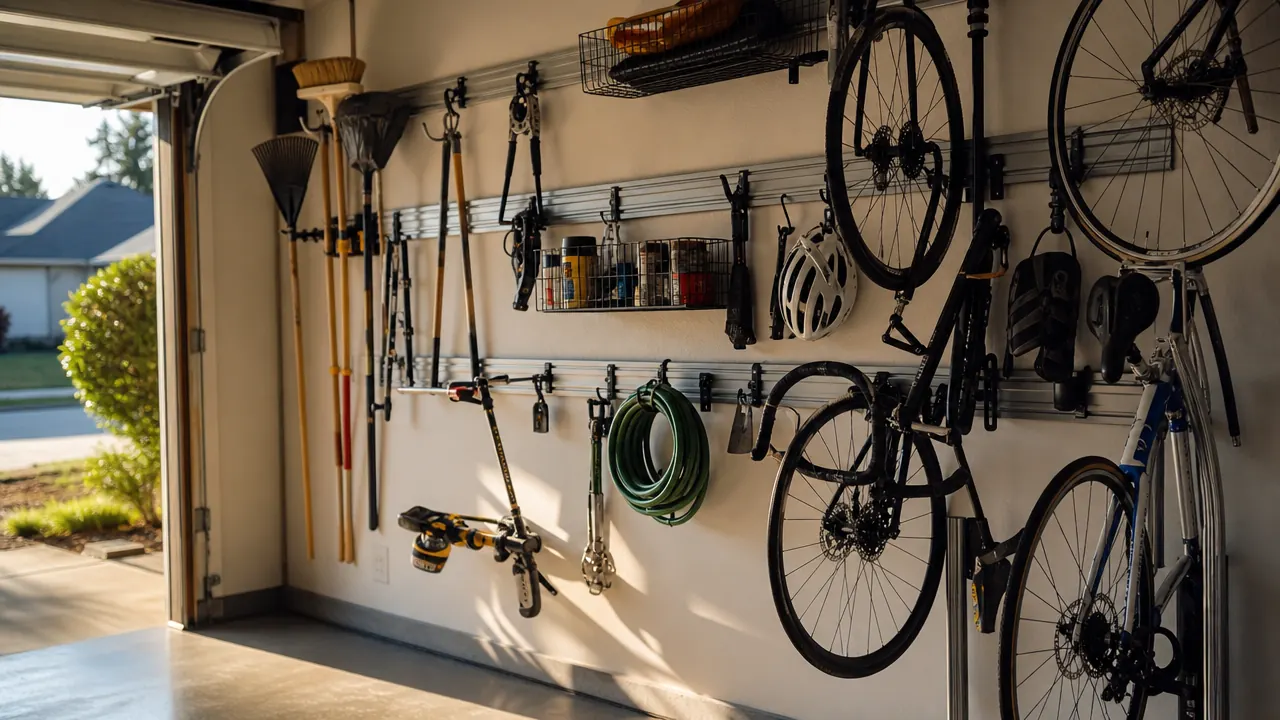 Organized garage wall with tools and sports gear hanging neatly on a rail system, warm morning light through the garage door