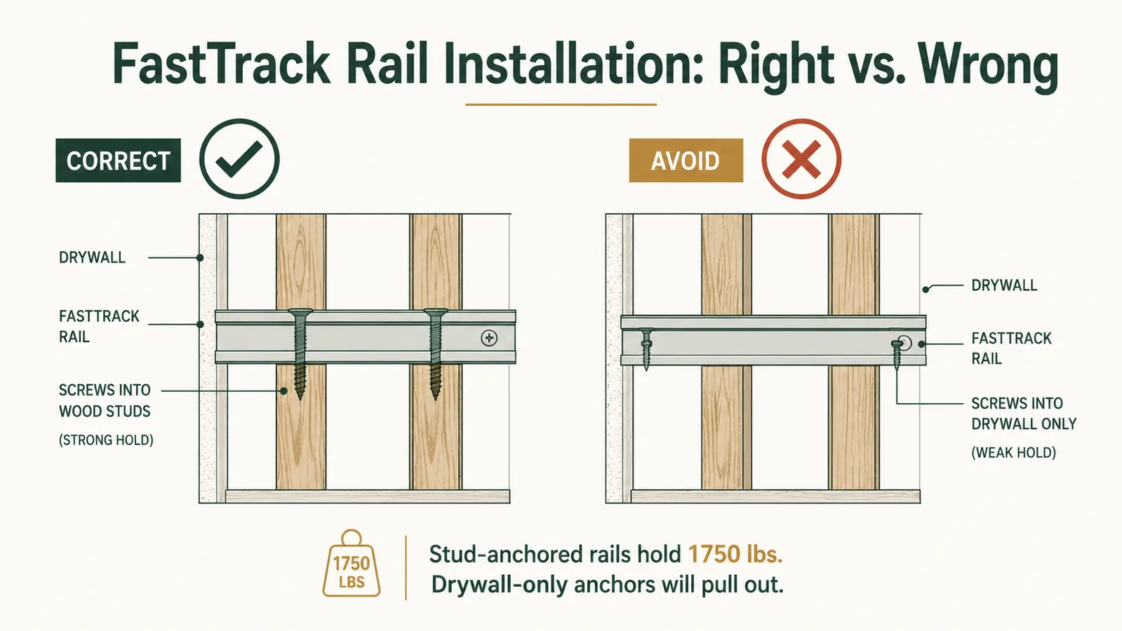Diagram showing correct FastTrack rail installation at stud locations versus incorrect installation into drywall only