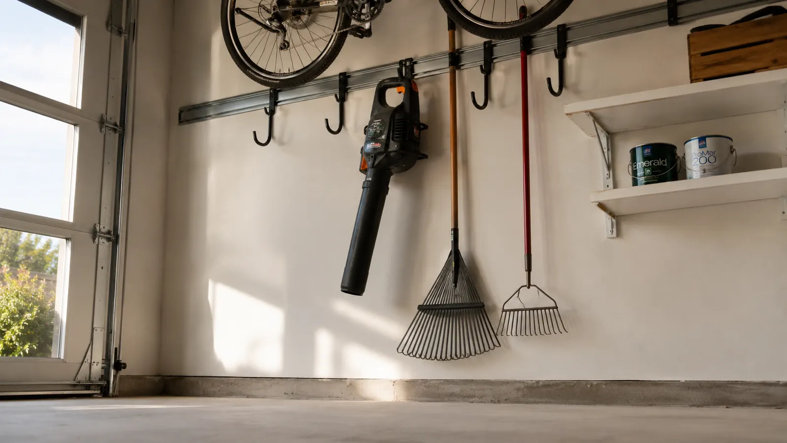 Rubbermaid FastTrack rails mounted on a garage wall holding a bicycle, garden tools, and a utility shelf with paint cans, viewed from the garage floor looking up