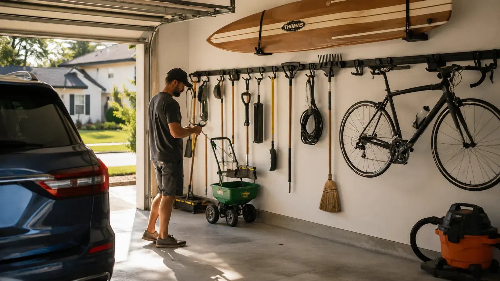 Organized garage wall with Rubbermaid FastTrack rails holding tools, a bike, and garden equipment in a tidy two-car garage