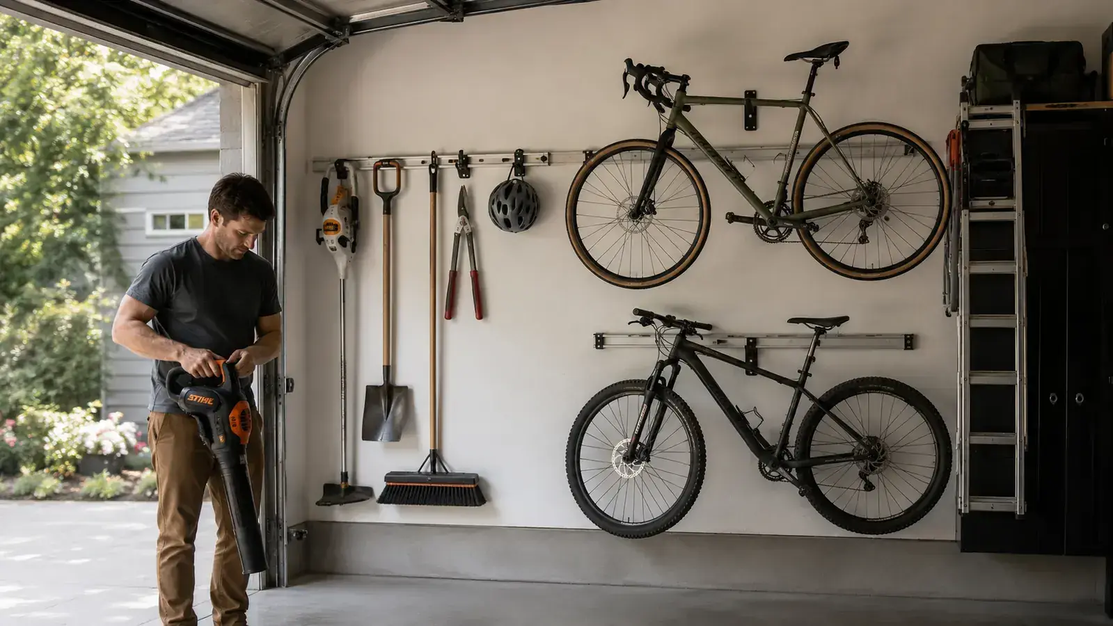 Organized garage wall with a Rubbermaid FastTrack rail system holding bikes, power tools, and garden equipment on a light gray wall