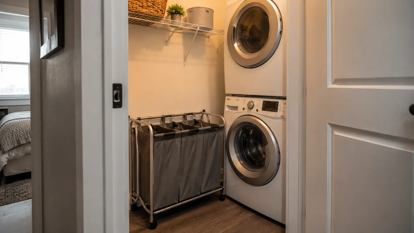Simple Houseware 3-bag rolling laundry sorter cart next to a stacked washer-dryer unit in a compact laundry closet