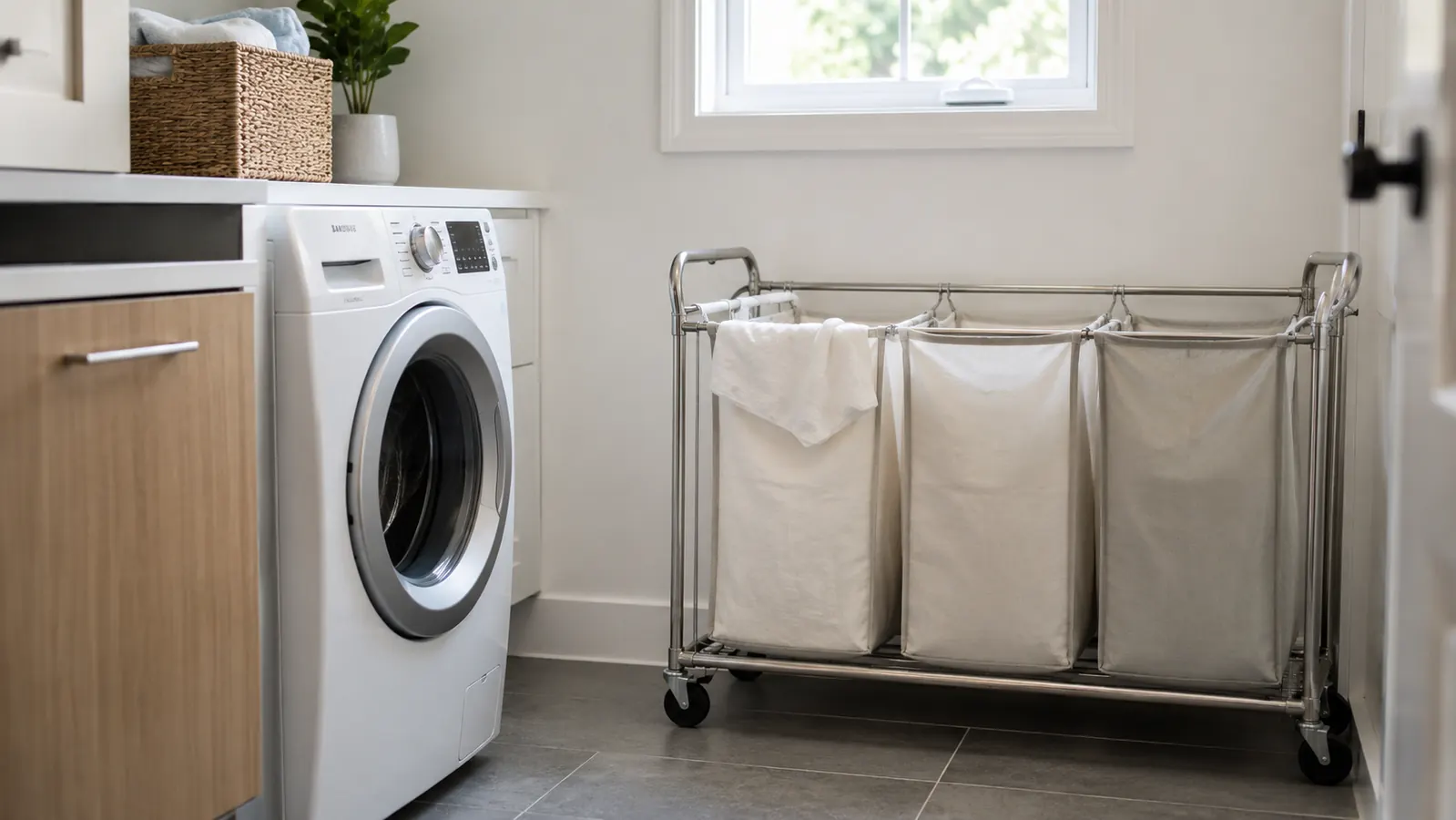 Simple Houseware 3-bag rolling laundry sorter in a bright white laundry room next to a front-load washer