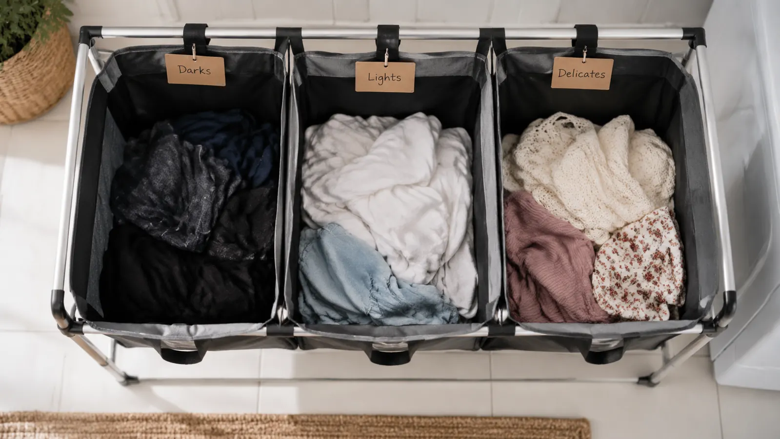 Overhead view of a 3-bag laundry sorter with bags labeled Darks, Lights, and Delicates, each containing different fabric types