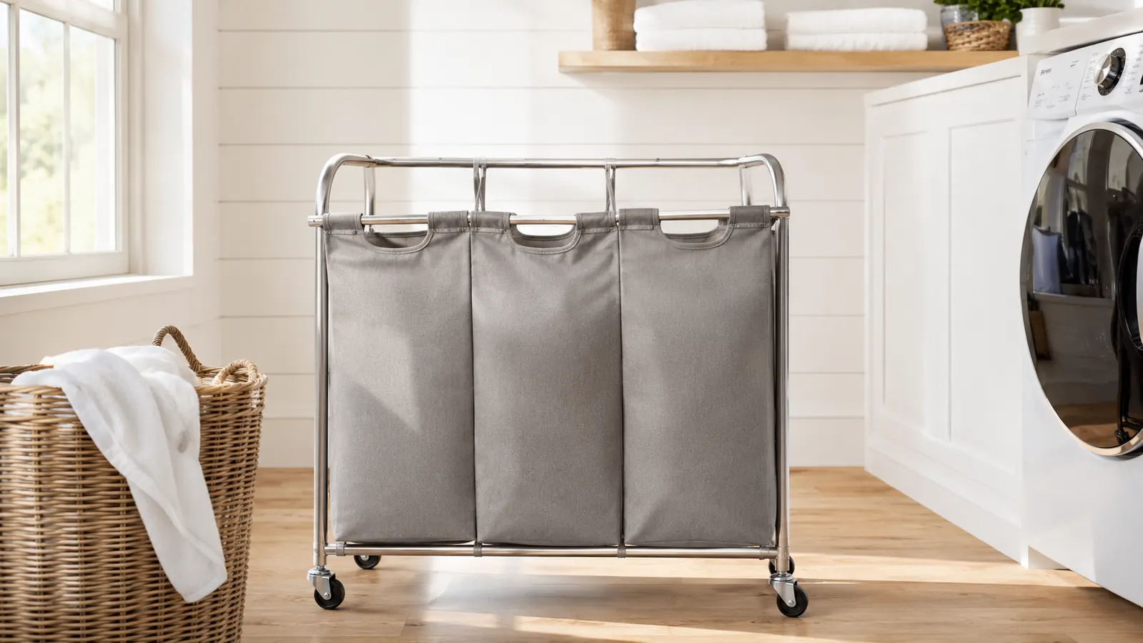 Silver 3-bag rolling laundry sorter in a bright organized laundry room with white walls and natural light from a nearby window
