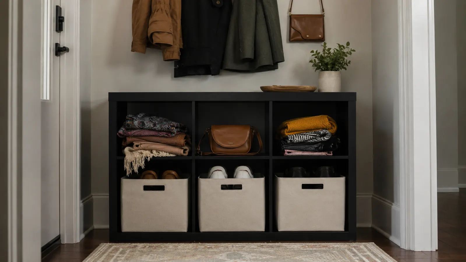 SONGMICS cube organizer installed in a home entryway with fabric bins holding shoes, scarves, and bags