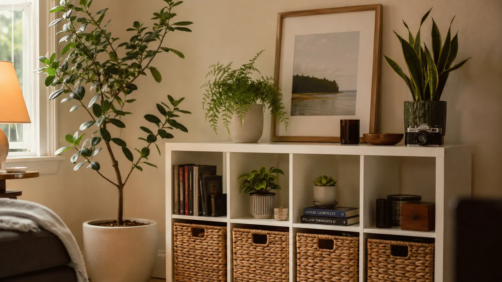 SONGMICS 6-cube storage organizer in a bright living room holding books, baskets, and small decor