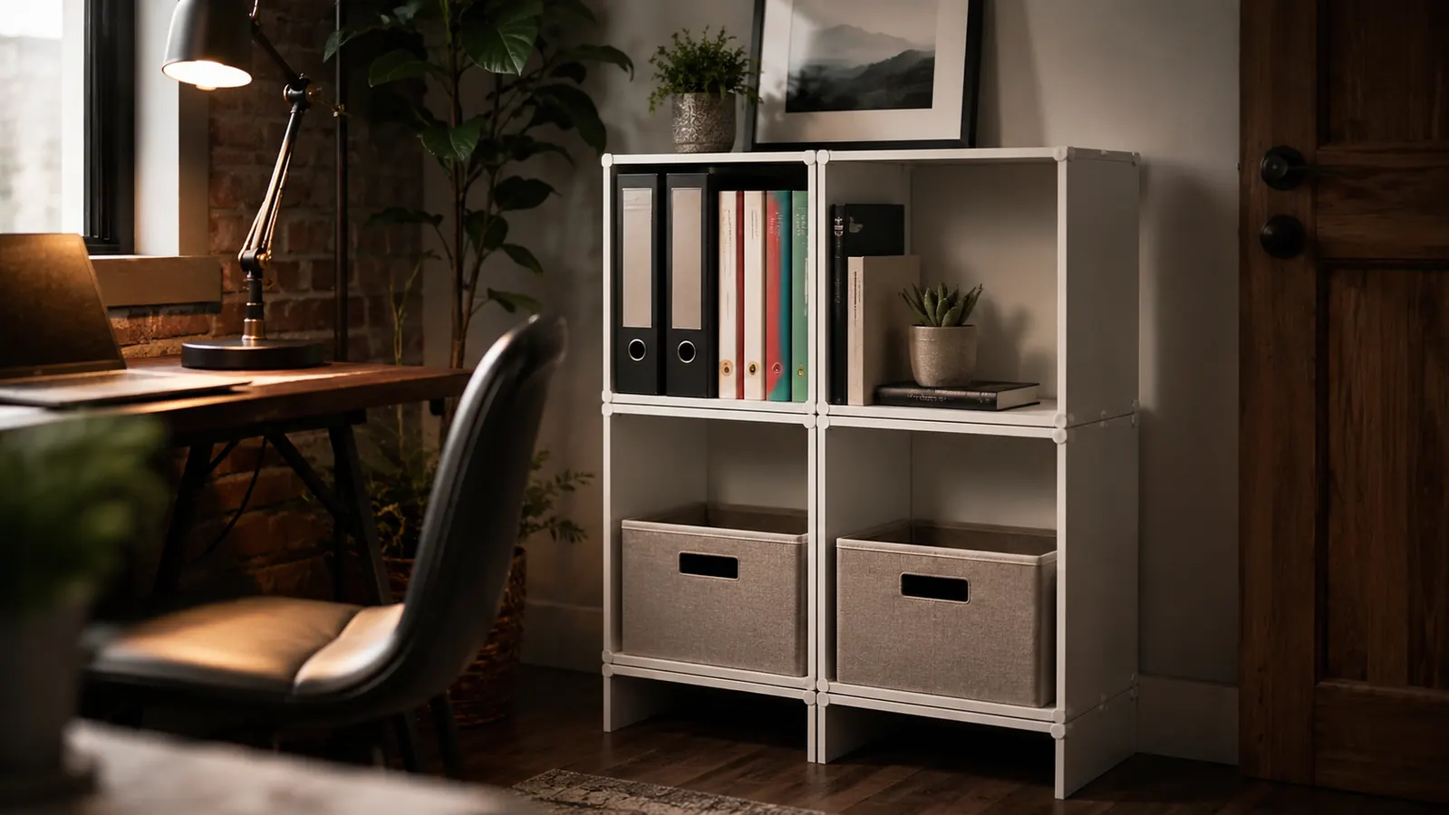 Assembled SONGMICS cube shelf in a home office corner loaded with binders, a small succulent plant, and two matching fabric storage boxes