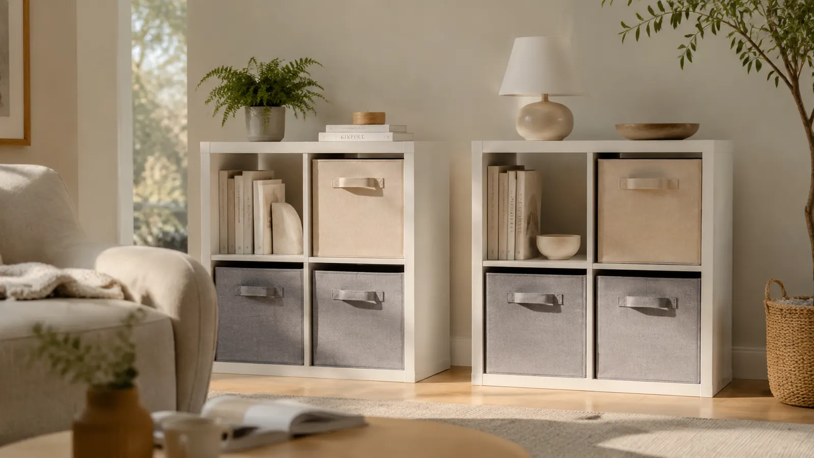 Two modular cube storage units side by side in a clean living room, one assembled and loaded with fabric bins and books